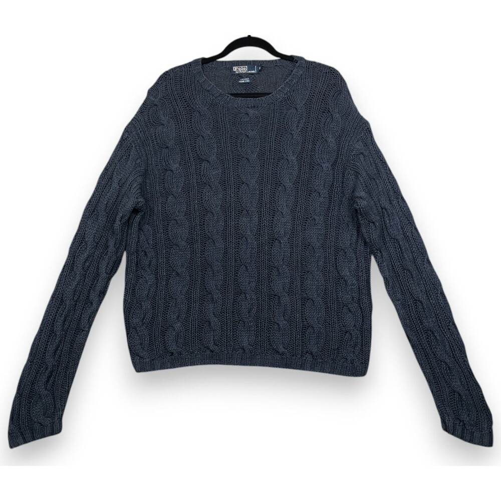 Polo Ralph Lauren Linen Cable Knit Sweater Mens M Dark Blue Hand Knit Pullover